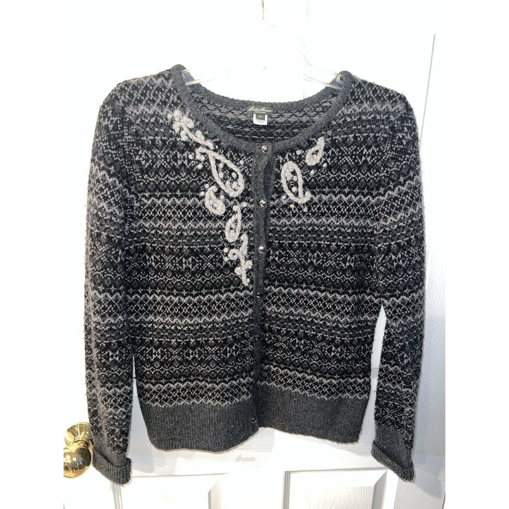 Eddie Bauer Sweater Womens M Cardigan Grey Nordic Embroidered Lambswool Button - Picture 10 of 10
